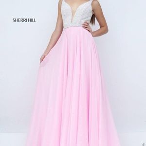 Sherri Hill white/ivory beaded gown, flowy skirt, train, size 0